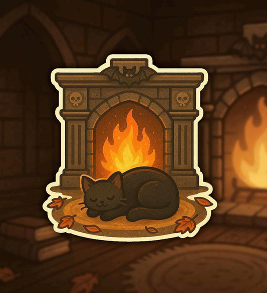 Cozy Crypt Cat Sticker – Gothic Fireplace with Sleeping Black Cat, Skulls & Autumn Leaves – Twisted Treats Halloween Vinyl – Cozy Cute Fall