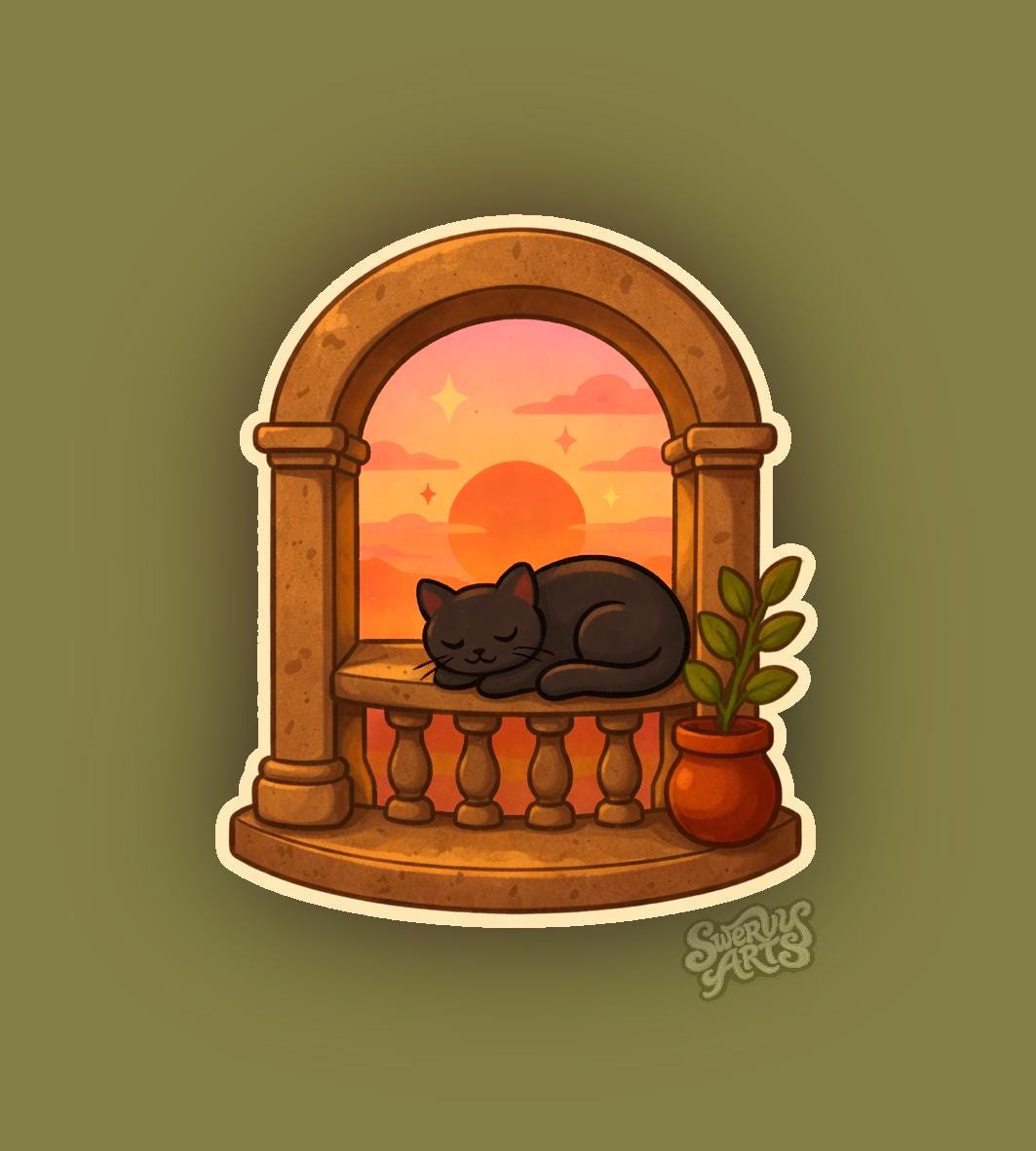 Sunning Black Cat Window Sticker – Sleeping Black Cat Sunset, Cottagecore Aesthetic, Witchy Cozy Vinyl Sticker, Warm Sunset Cat Art