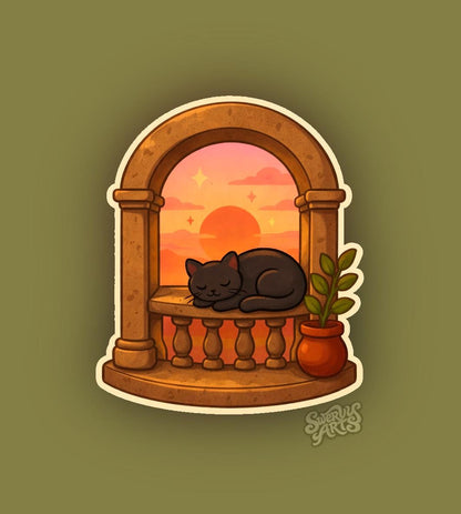 Sunning Black Cat Window Sticker – Sleeping Black Cat Sunset, Cottagecore Aesthetic, Witchy Cozy Vinyl Sticker, Warm Sunset Cat Art