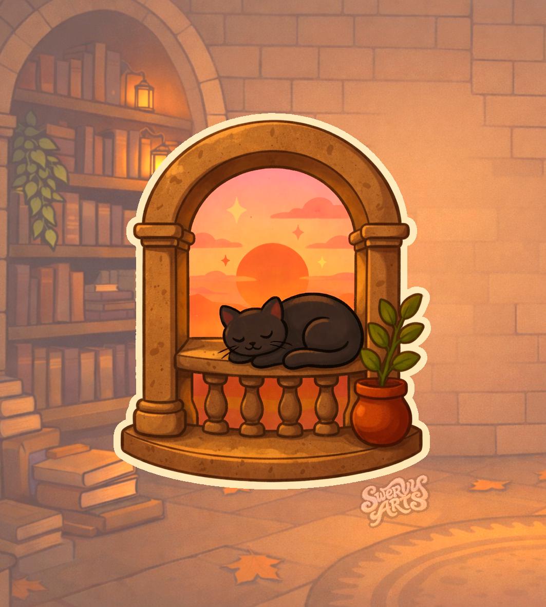 Sunning Black Cat Window Sticker – Sleeping Black Cat Sunset, Cottagecore Aesthetic, Witchy Cozy Vinyl Sticker, Warm Sunset Cat Art