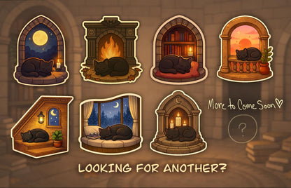 Cozy Gothic Cat Candle Sticker – Sleeping Black Cat Moon Arch, Witchy Aesthetic, Cottagecore Cozy, Warm Glow Vinyl Sticker, ritual alter