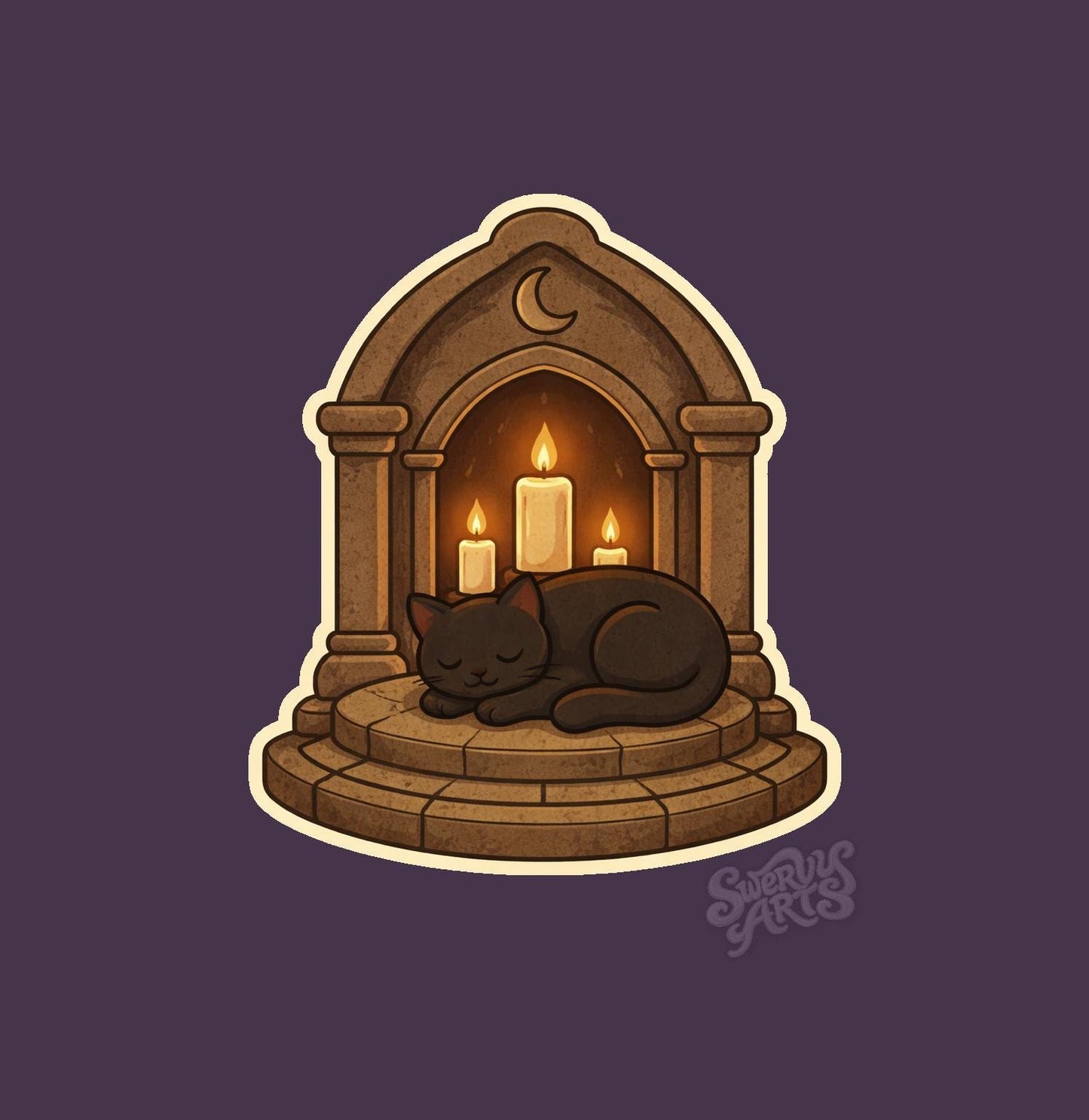 Cozy Gothic Cat Candle Sticker – Sleeping Black Cat Moon Arch, Witchy Aesthetic, Cottagecore Cozy, Warm Glow Vinyl Sticker, ritual alter
