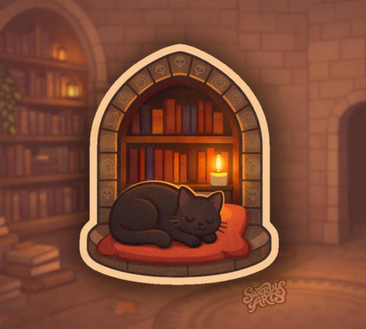 Cozy Book Nook Cat Sticker – Sleeping Black Cat Library, Book Lover Aesthetic, Reading Nook, Cottagecore Cozy Vinyl Sticker