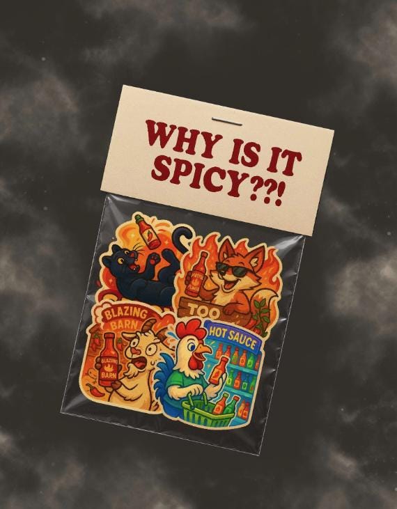Rooster Hot Sauce Sticker – Spicy Food Lover Gift – Cartoon Chicken Grocery Shopping – Funny Hot Sauce Vinyl Decal