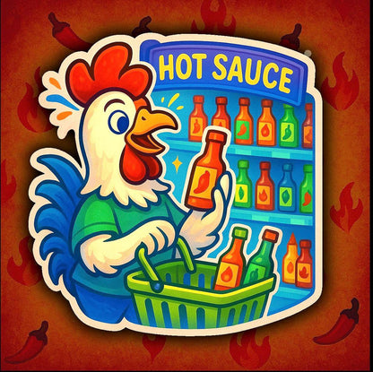 Rooster Hot Sauce Sticker – Spicy Food Lover Gift – Cartoon Chicken Grocery Shopping – Funny Hot Sauce Vinyl Decal