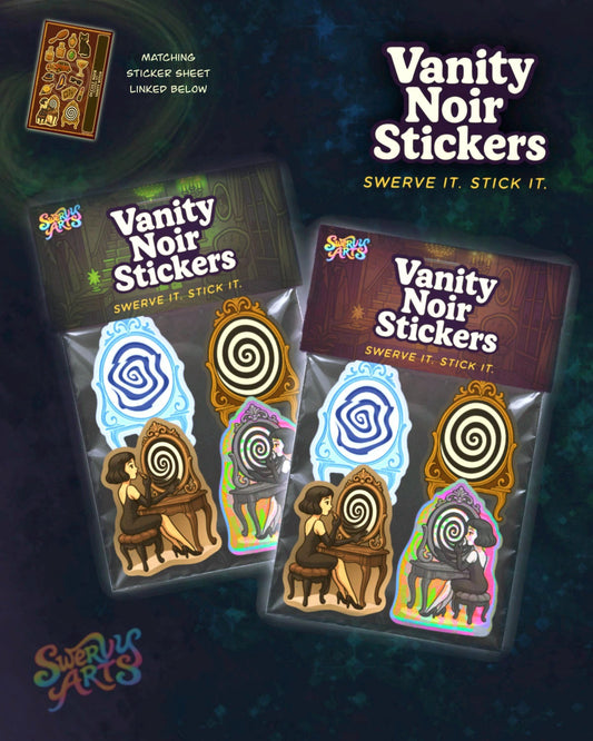 Occult Noir: 4 piece Vinyl Sticker Pack – Lady in the Mirror, Surreal Noir, Dark Feminine, Fem Fatale, Haunted Miror, Gothic Sticker Pack