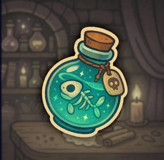 Fishbone Potion Bottle Sticker – Spooky Kawaii Poison Vial with Skull Tag – Twisted Treats Halloween Collection – Gothic Vinyl Sticker