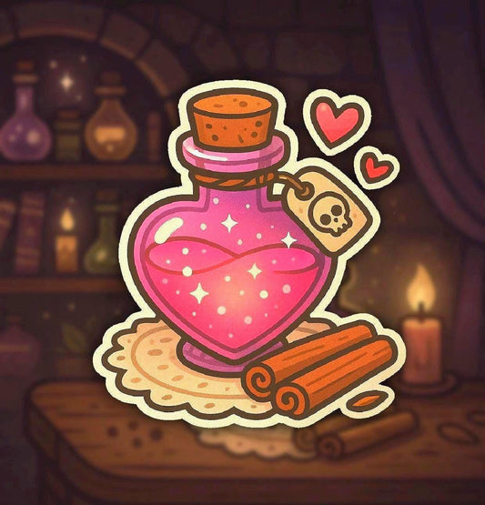 Love Spell Potion Sticker – Kawaii Pink Cinnamon Heart Bottle with Skull Tag – Twisted Treats Halloween Vinyl – Cozy Cute Fall Journaling