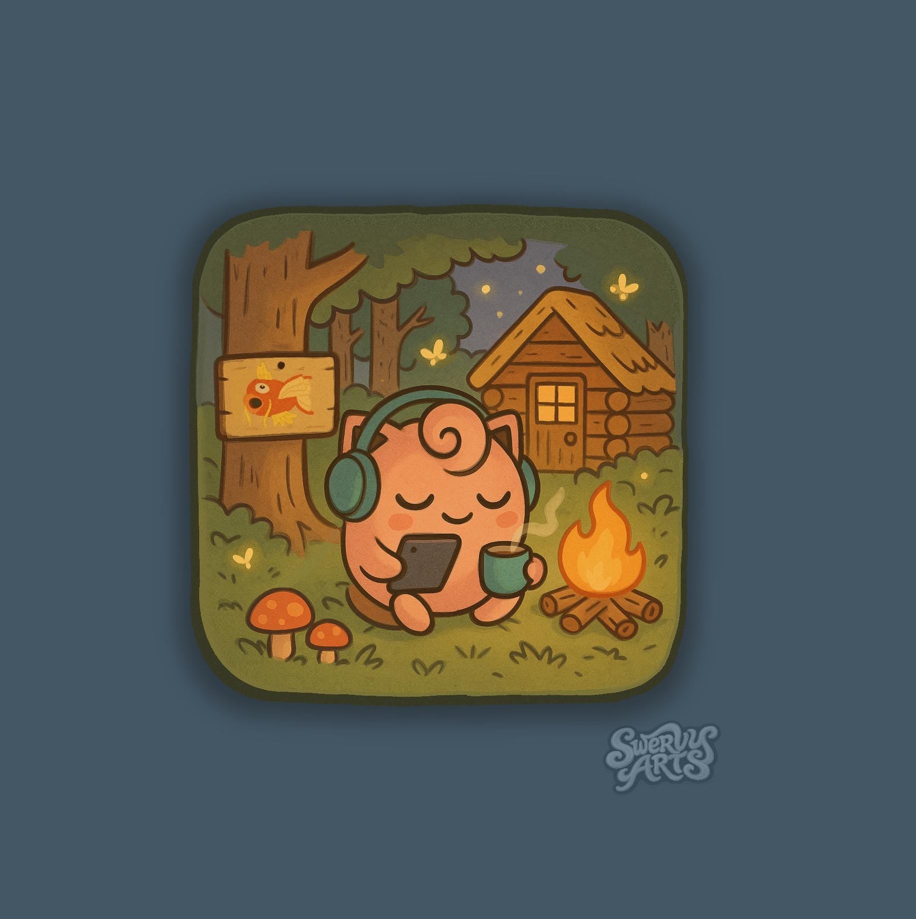 Jigglypuff Cozy Campfire Sticker – Cute Relaxing Pokémon Parody Vinyl Sticker, Cottagecore Forest Night, Chill Vibes, Waterproof Laptop Deca