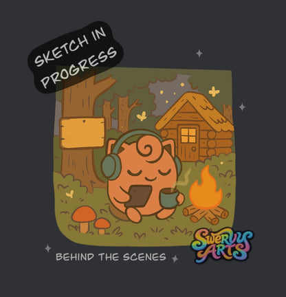 Jigglypuff Cozy Campfire Sticker – Cute Relaxing Pokémon Parody Vinyl Sticker, Cottagecore Forest Night, Chill Vibes, Waterproof Laptop Deca