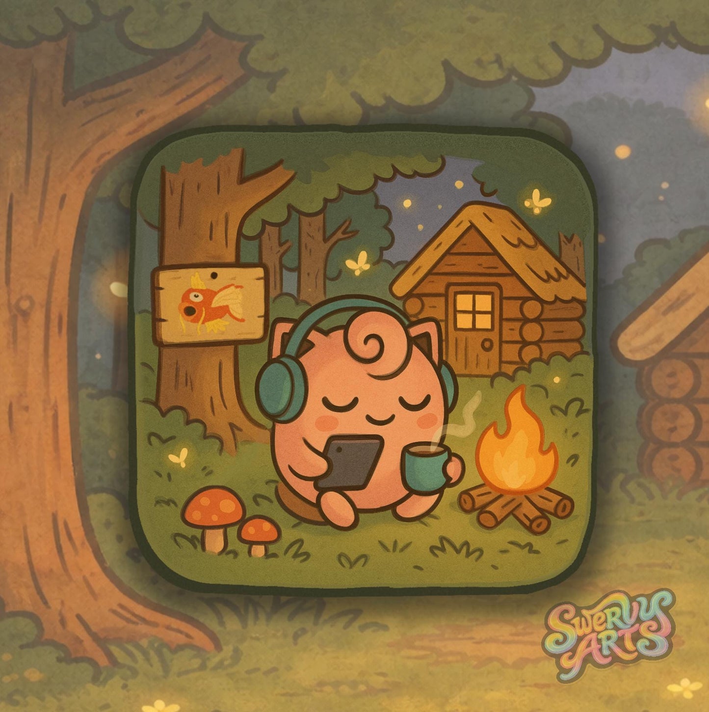 Jigglypuff Cozy Campfire Sticker – Cute Relaxing Pokémon Parody Vinyl Sticker, Cottagecore Forest Night, Chill Vibes, Waterproof Laptop Deca