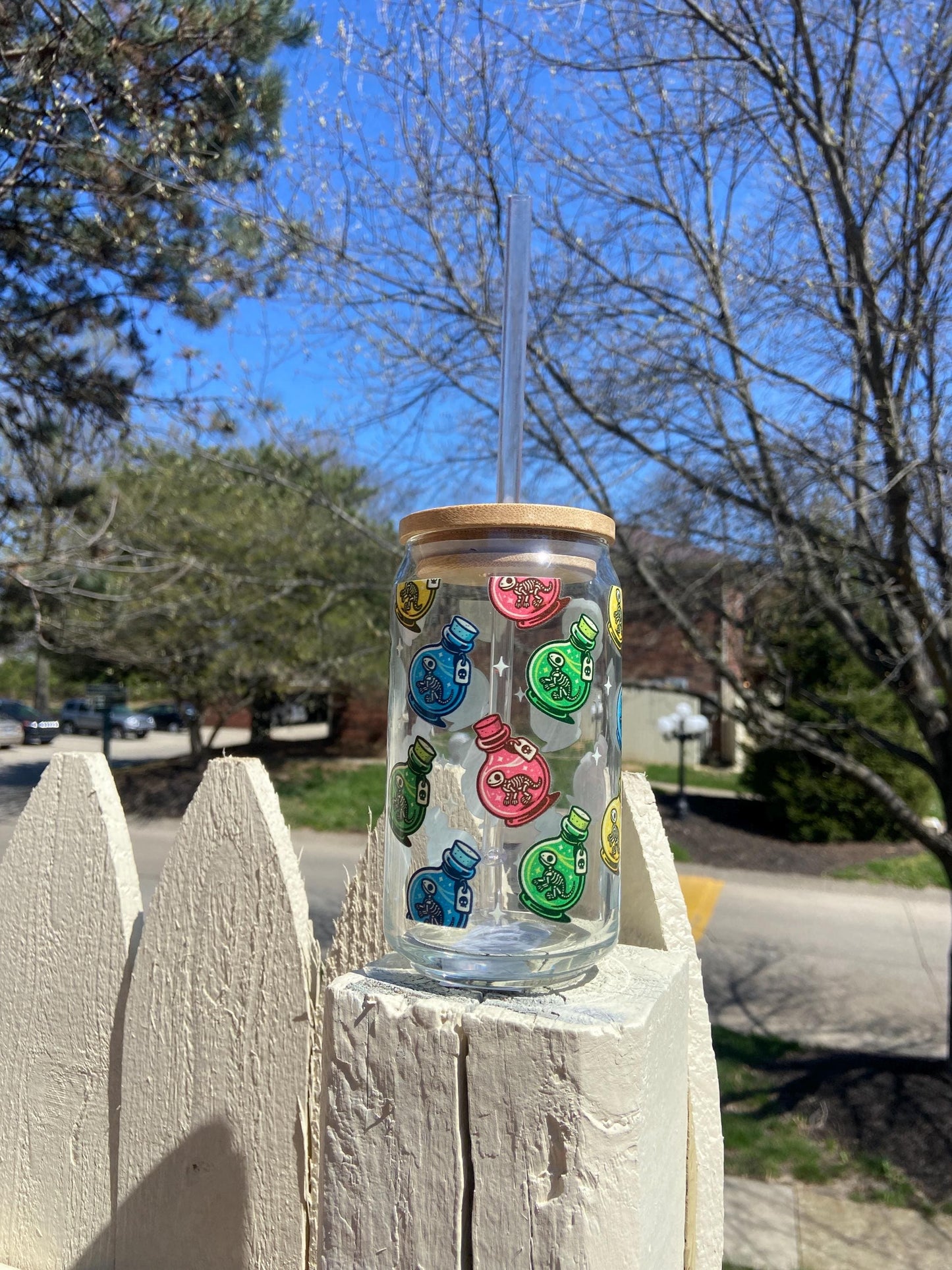 Dinosaur Potion Fossil Glass - 16oz, Fun Drinking Glass, Potion Fossils Glass cup with lid and straw, Cute Magical Rainbow Decor, Unique Cup