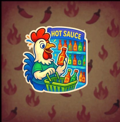 Rooster Hot Sauce Sticker – Spicy Food Lover Gift – Cartoon Chicken Grocery Shopping – Funny Hot Sauce Vinyl Decal