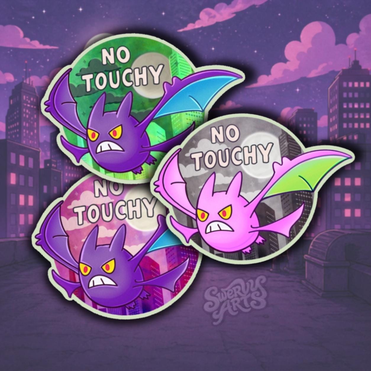 No Touchy Crobat Vinyl Sticker, cute angry and flying with attitude, sunset skyline, shiny pokemon, water resistant vinyl sticker
