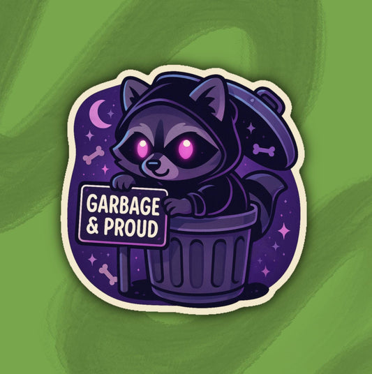 Feral Energy Trash Panda Sticker – Raccoon Vinyl Sticker, Garbage and Proud, unique purple sarcastic animal – Cozy Cute Gremlin Energy