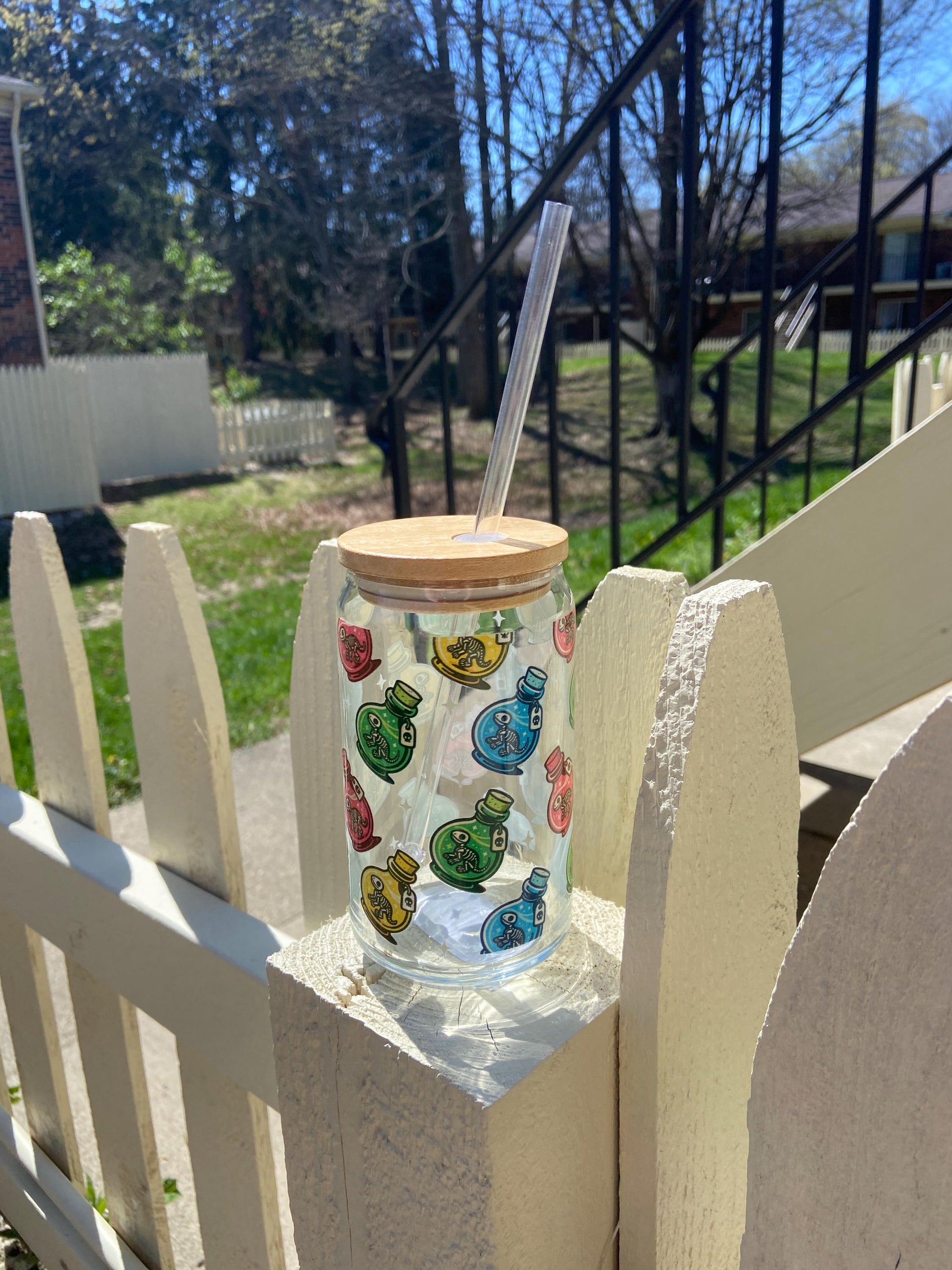 Dinosaur Potion Fossil Glass - 16oz, Fun Drinking Glass, Potion Fossils Glass cup with lid and straw, Cute Magical Rainbow Decor, Unique Cup