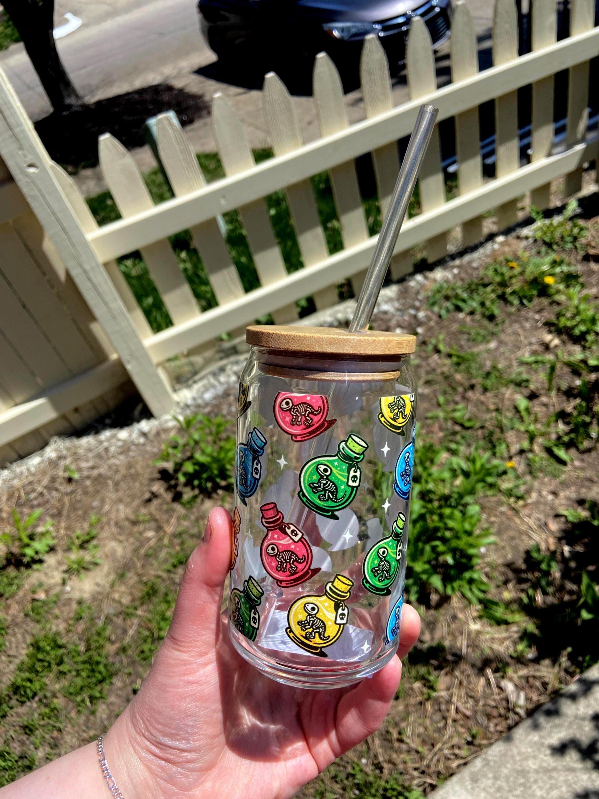 Dinosaur Potion Fossil Glass - 16oz, Fun Drinking Glass, Potion Fossils Glass cup with lid and straw, Cute Magical Rainbow Decor, Unique Cup