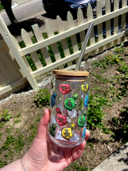 Dinosaur Potion Fossil Glass - 16oz, Fun Drinking Glass, Potion Fossils Glass cup with lid and straw, Cute Magical Rainbow Decor, Unique Cup