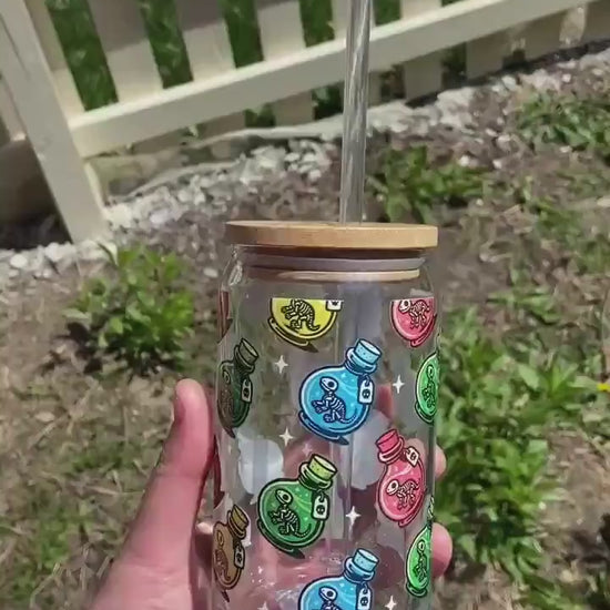 Dinosaur Potion Fossil Glass - 16oz, Fun Drinking Glass, Potion Fossils Glass cup with lid and straw, Cute Magical Rainbow Decor, Unique Cup