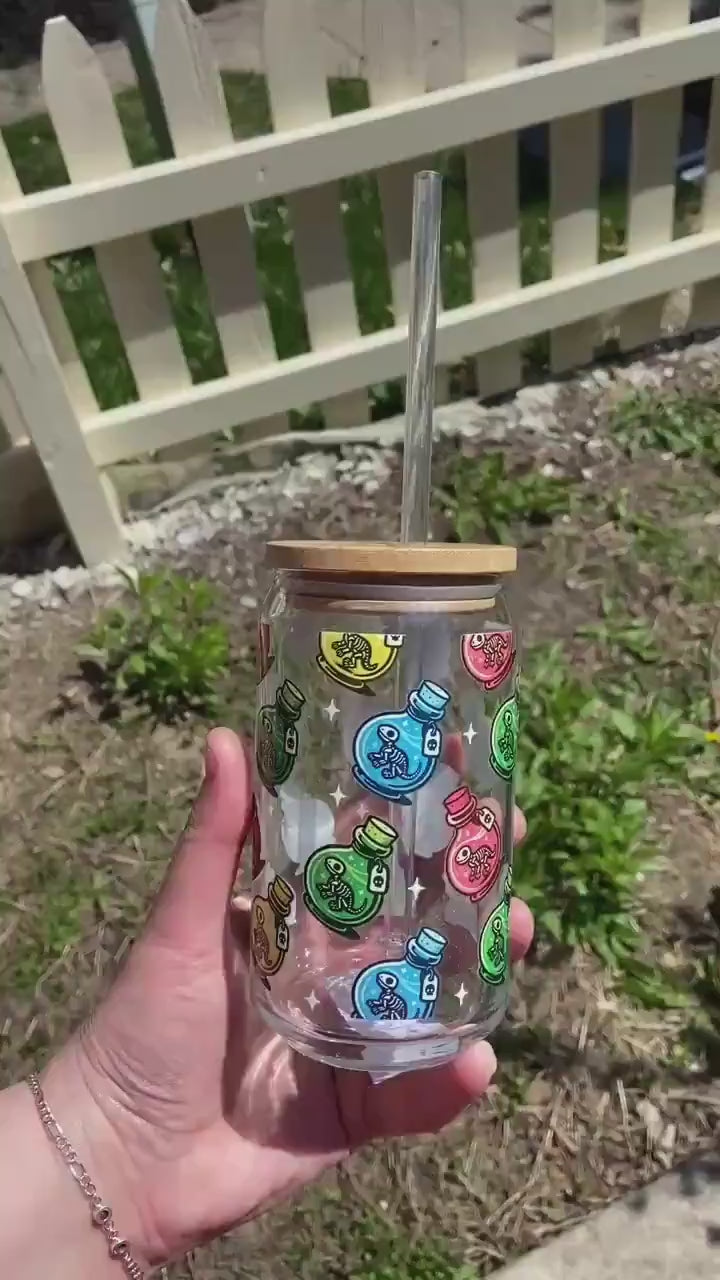 Dinosaur Potion Fossil Glass - 16oz, Fun Drinking Glass, Potion Fossils Glass cup with lid and straw, Cute Magical Rainbow Decor, Unique Cup